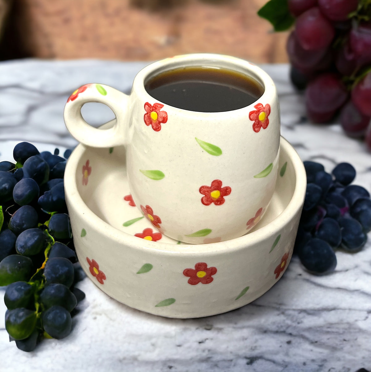 Hand Painted Red Flower Bowl Set