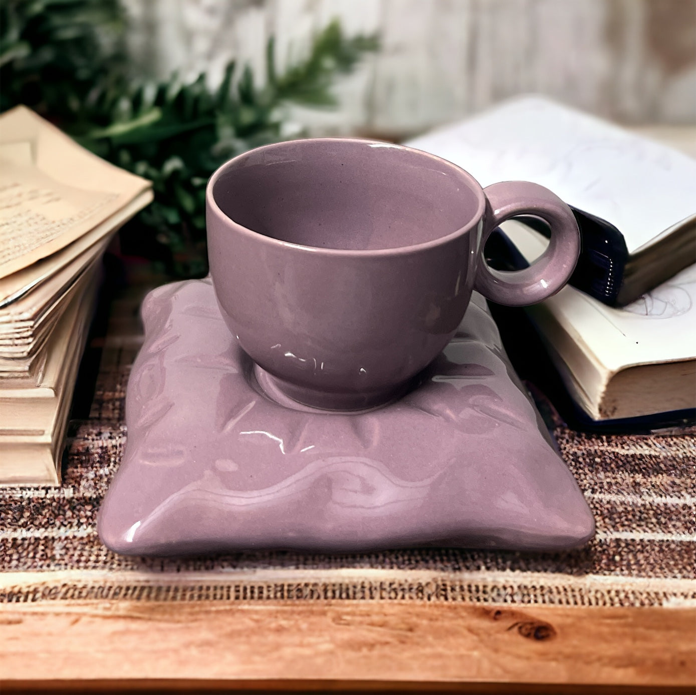 Pillow Ceramic Cup & Saucer Set Combo - Pink & Purple