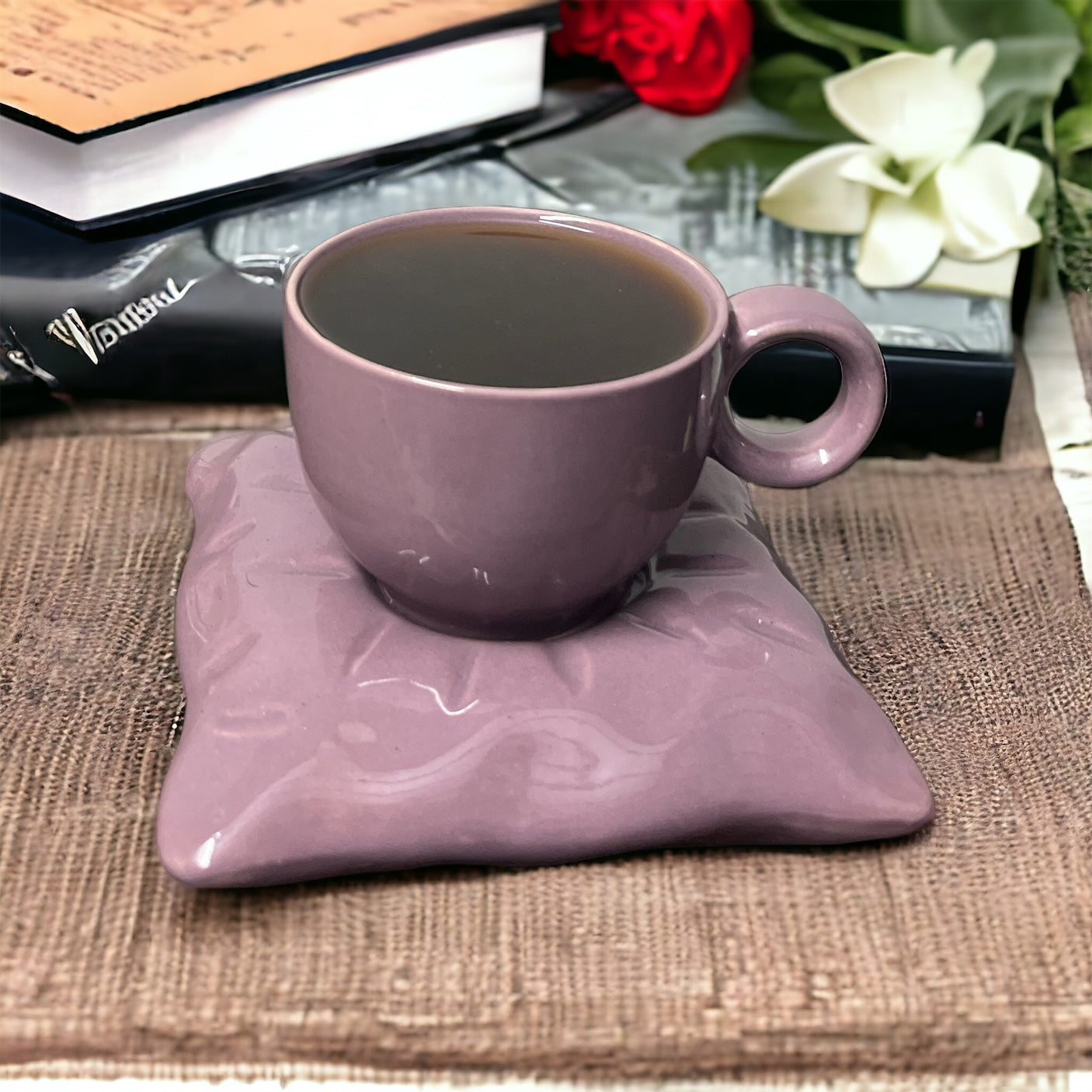 Pillow Ceramic Cup & Saucer Set Combo - Pink & Purple